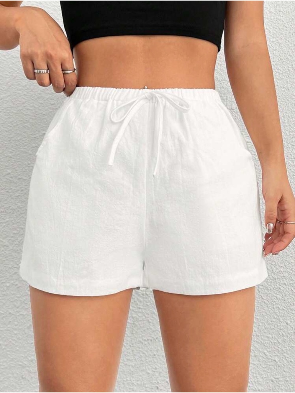 Women's White Drawstring Linen Blend Shorts XS